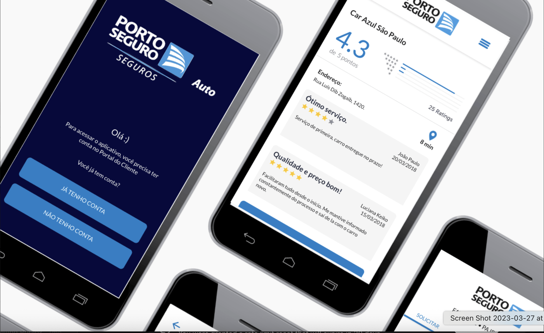 Porto Seguro app screens for claims and vehicle assistance
